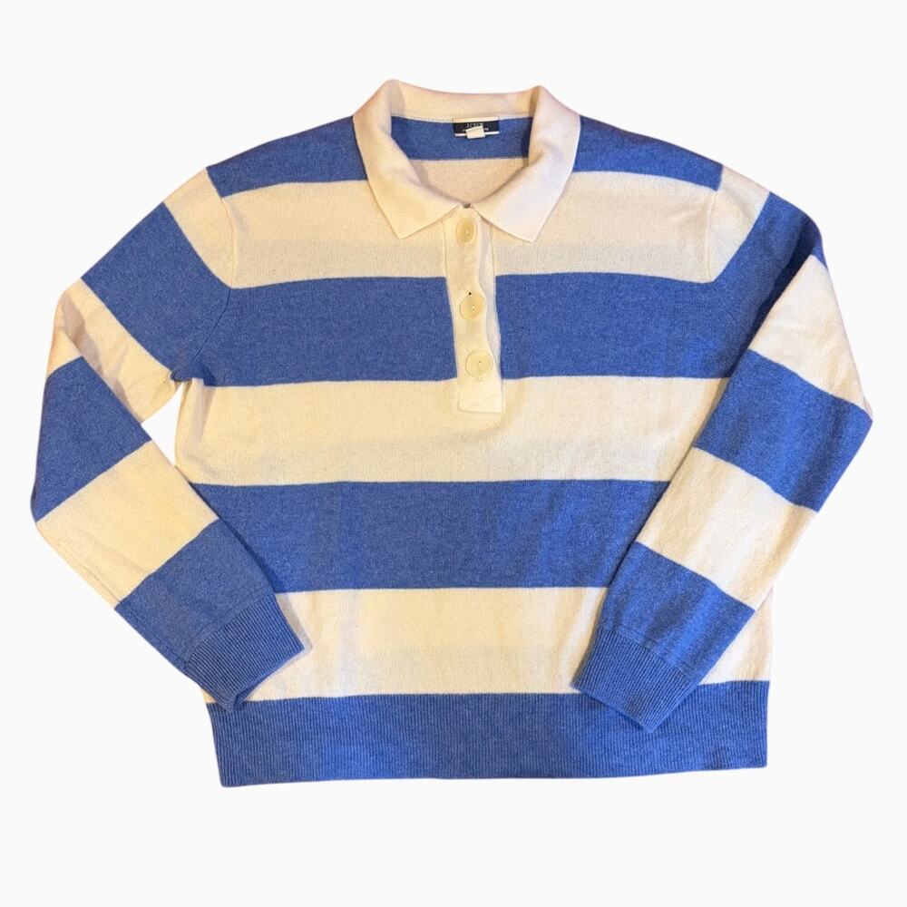 J.CREW Women's 100% Cashmere Rugby Sweater MEDIUM Blue White Striped Polo